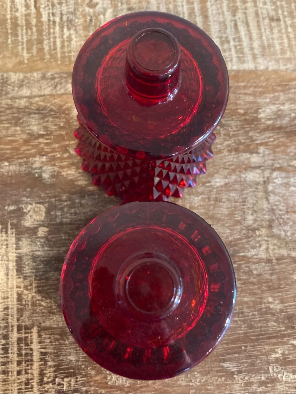 2 Pegged Glass Votive Holders Vintage Red Painted Diamond Pattern 70s-80s Decor